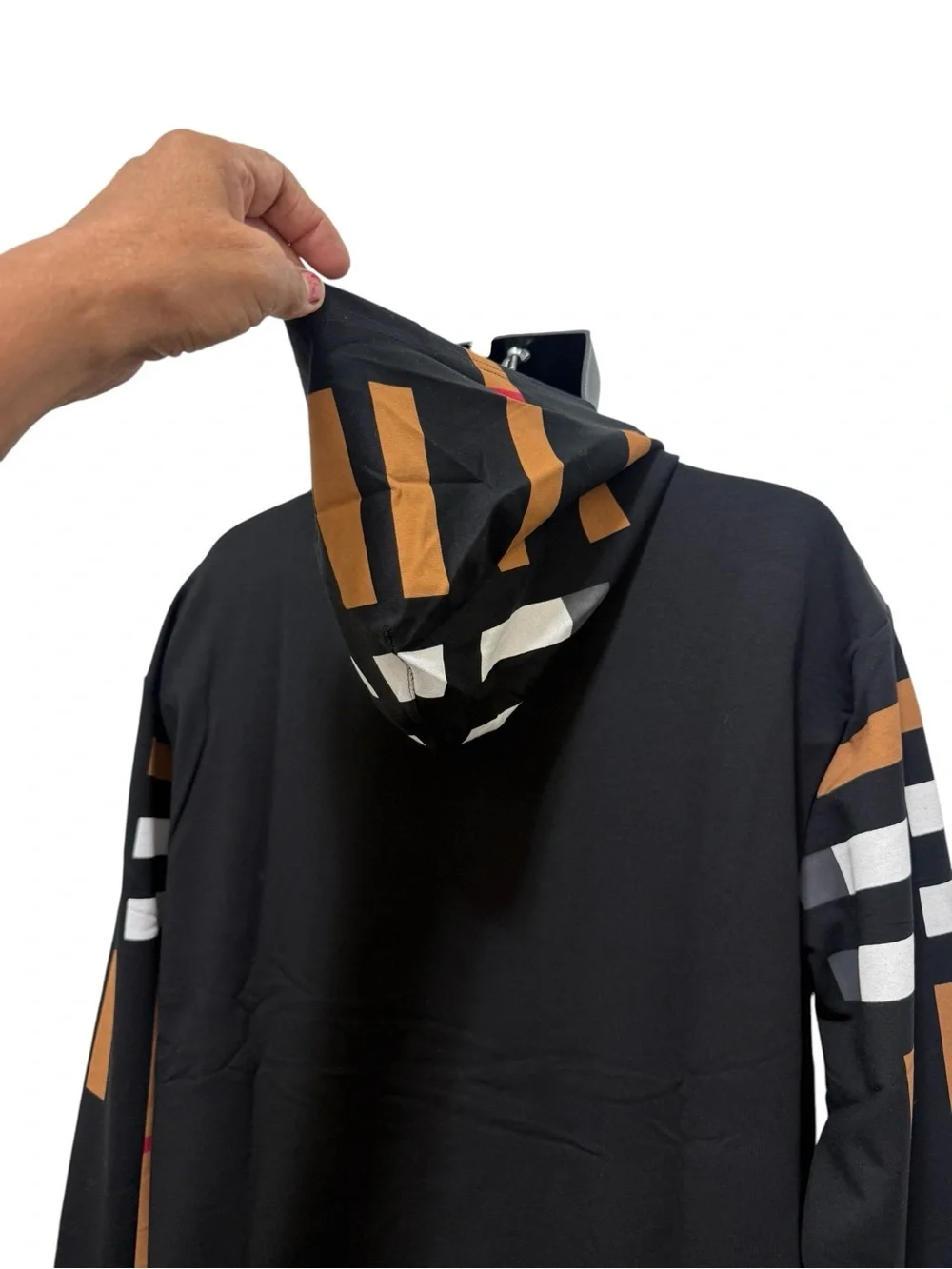 LAVERITA Black Hoodie with Geometric Tan, White & Red Block Pattern. new. large